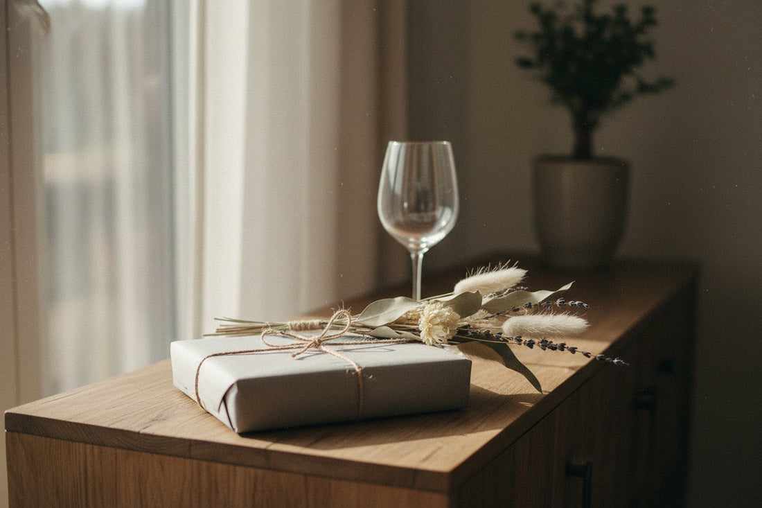 Ingepakt cadeau naast droogbloemen op een dressoir