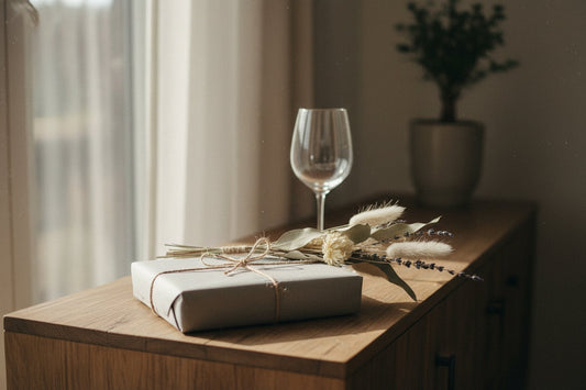 Ingepakt cadeau naast droogbloemen op een dressoir