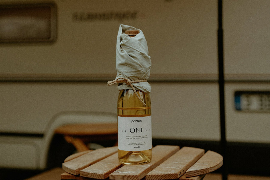 Fles wijn in een doek gewikkeld op een campingtafel