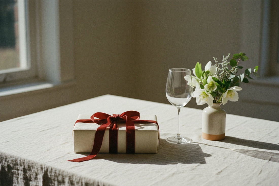 Kerstcadeau met rood lint naast een wijnglas en witte bloemen