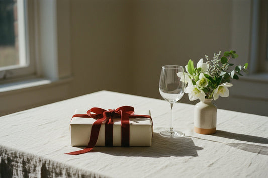 Kerstcadeau met rood lint naast een wijnglas en witte bloemen
