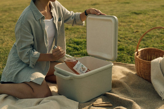 Vrouw pakt een fles rosé uit een koelbox tijdens een picknick
