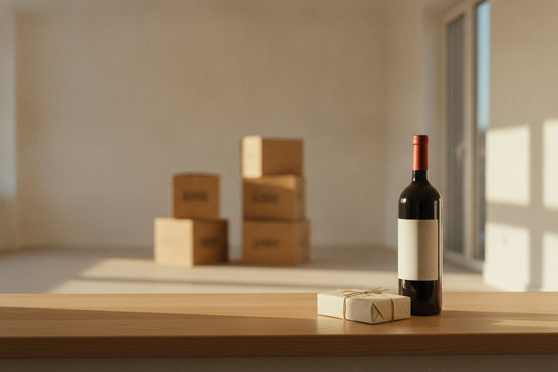 Fles wijn en een klein cadeau in een nieuw huis met verhuisdozen