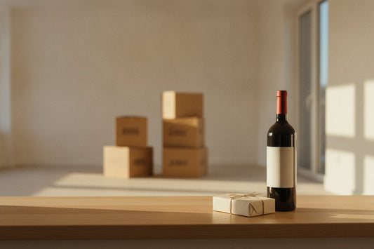 Fles wijn en een klein cadeau in een nieuw huis met verhuisdozen