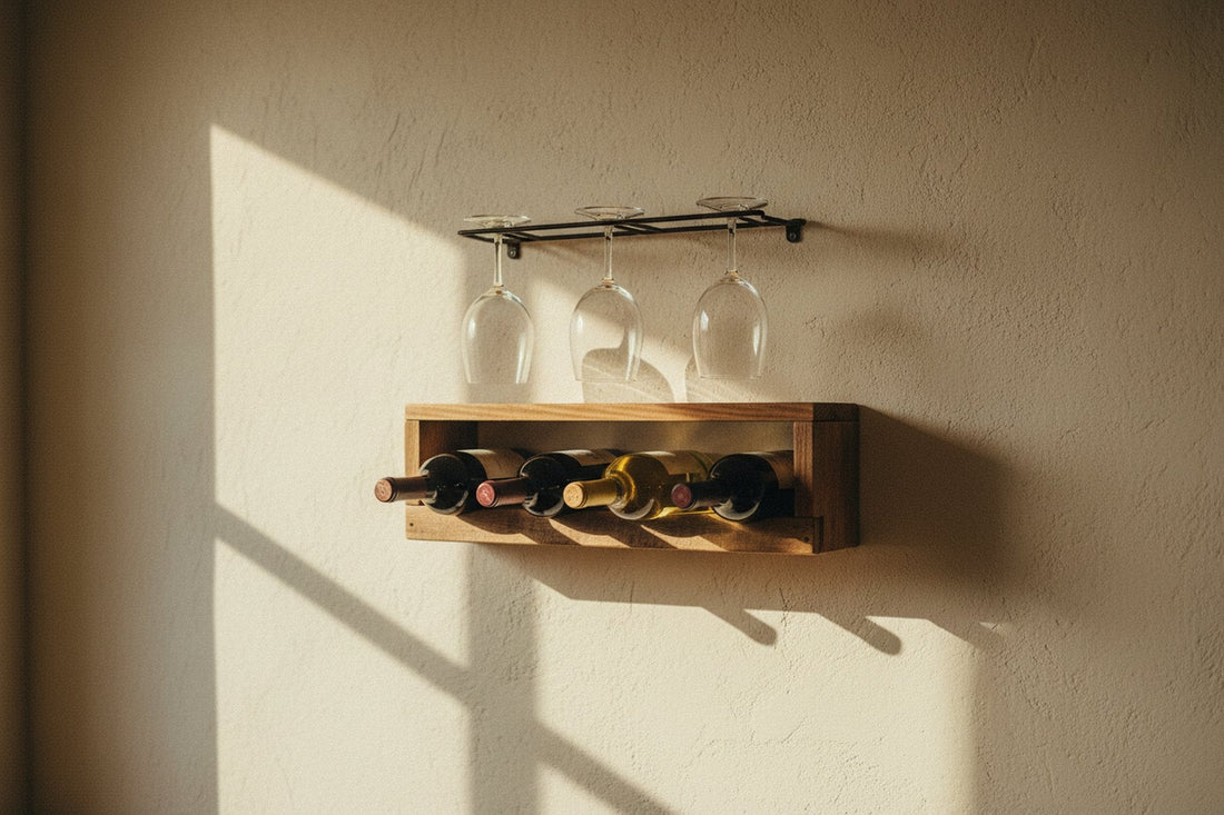 Houten wijnrek aan de muur met glazen erboven